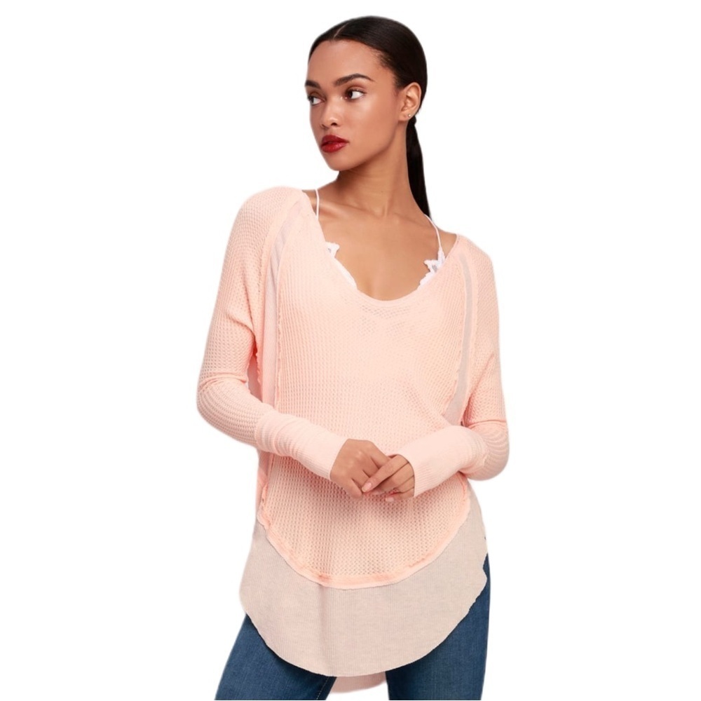 We The Free Women's Light Pink Waffle V-Neck Long Sleeve Thermal Top Size XS - Picture 2 of 11